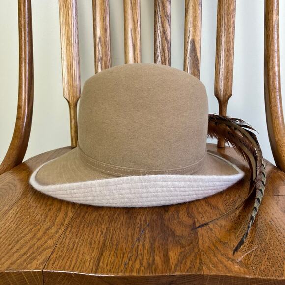 Mr John Womens Vintage Wool Fedora Hat Homburg Hat Feathers Small Brim Tan Cream - Picture 5 of 15